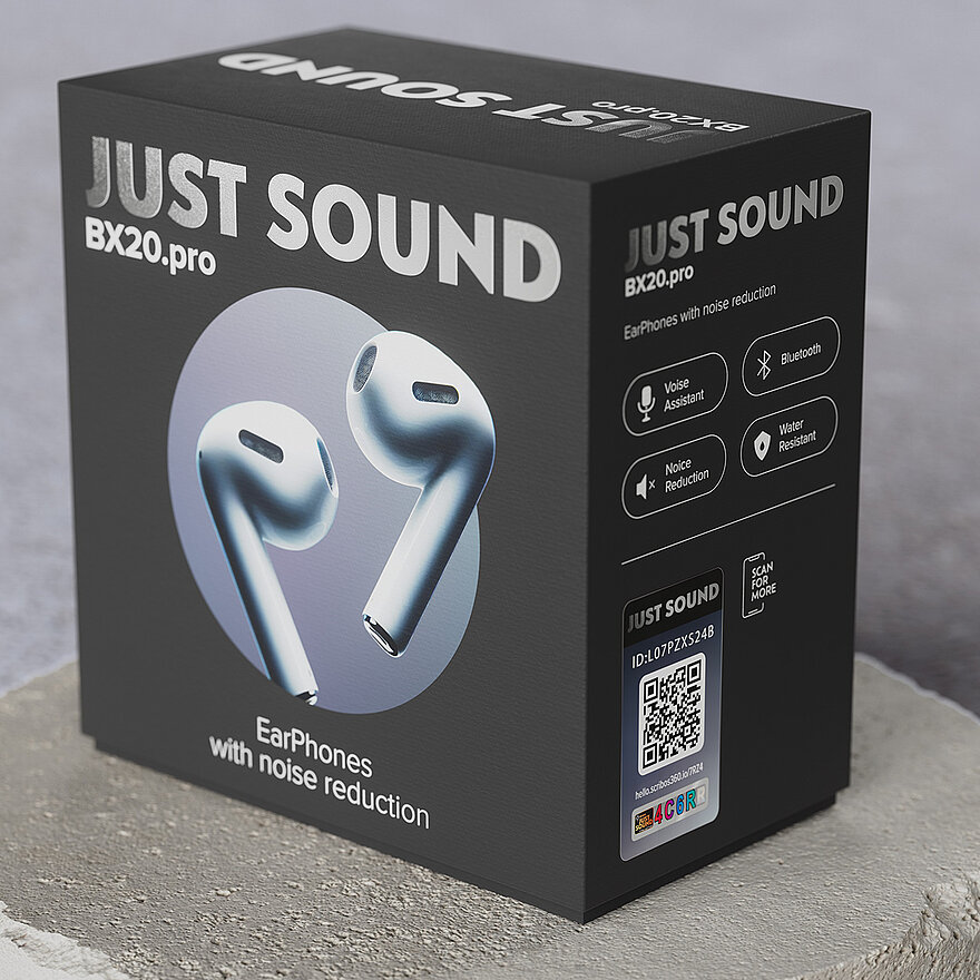 “Just Sound BX20.pro”耳机的黑色包装盒采用先进降噪技术。包装盒上印有语音助手兼容性和蓝牙功能等特色。包装盒上印有科卫宝SCRIBOS的激光光刻VeoMark®二维码，用于产品安全认证和数字内容访问。