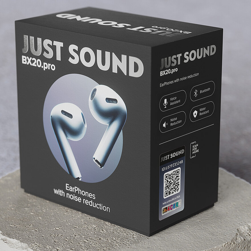 零售包装的“Just Sound BX20.pro”降噪耳机，配备二维码用于产品鉴别真伪及增强品牌防伪。