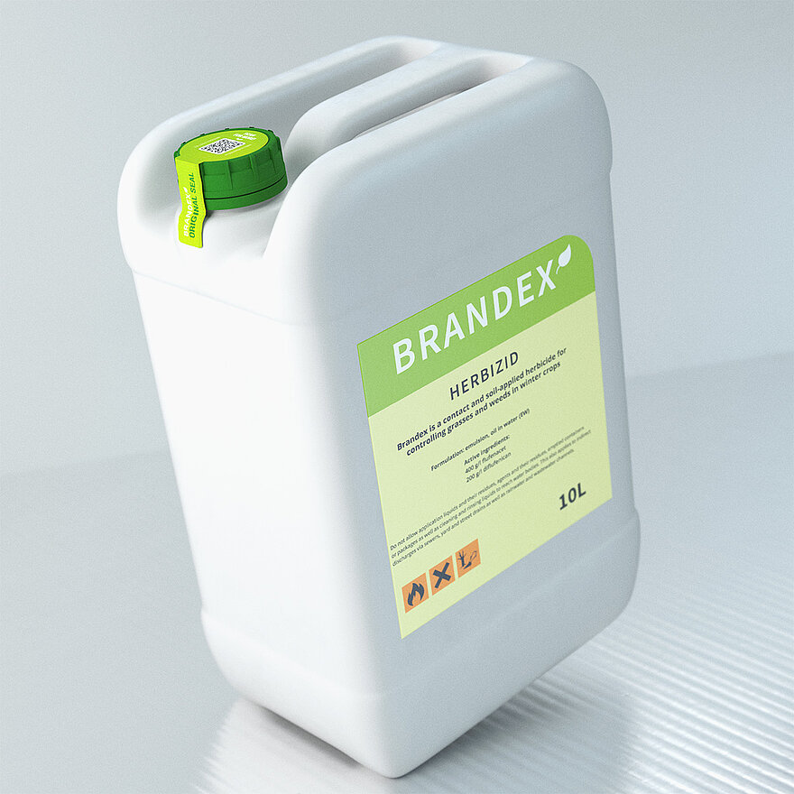 除草剂容器贴有“Brandex”标签，并带有绿色防篡改封口贴，以确保产品真实性和安全性。标签上详细列出了产品信息和安全警告，并标明容量为10升。