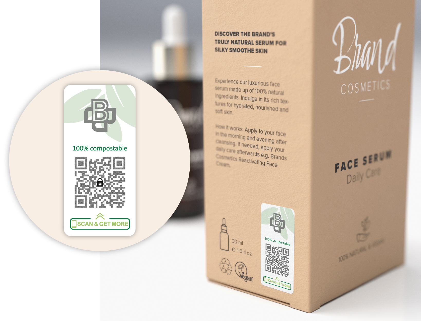 “Brand Cosmetics Face Serum Daily Care”的纸板包装盒上贴有100%可降解的防伪码ValiGate® Green标签。该标签采用防伪码ValiGate®专利技术,内嵌安全、防复制的QR码,用于产品认证和获取更多信息。放大后的QR码清晰可见,展示了可持续和可生物降解安全标签的复杂细节。这种环保解决方案符合品牌对可持续发展的承诺,同时提供高度防伪保护。包装突出了天然成分和可回收材料的使用,强化了产品的环保设计。